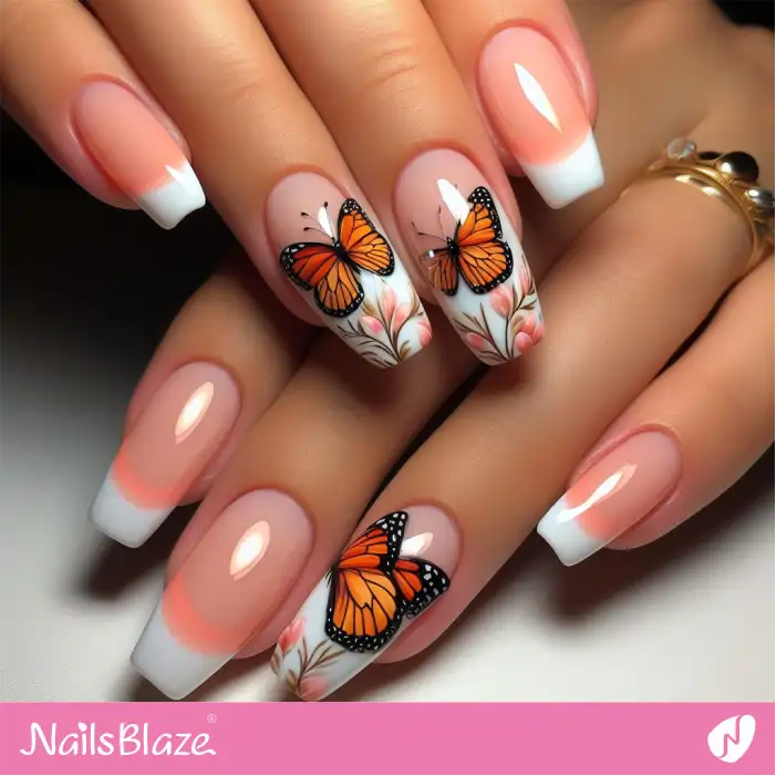 Peach Fuzz Nails with White Tips and Butterflies | Color of the Year 2024 - NB1834